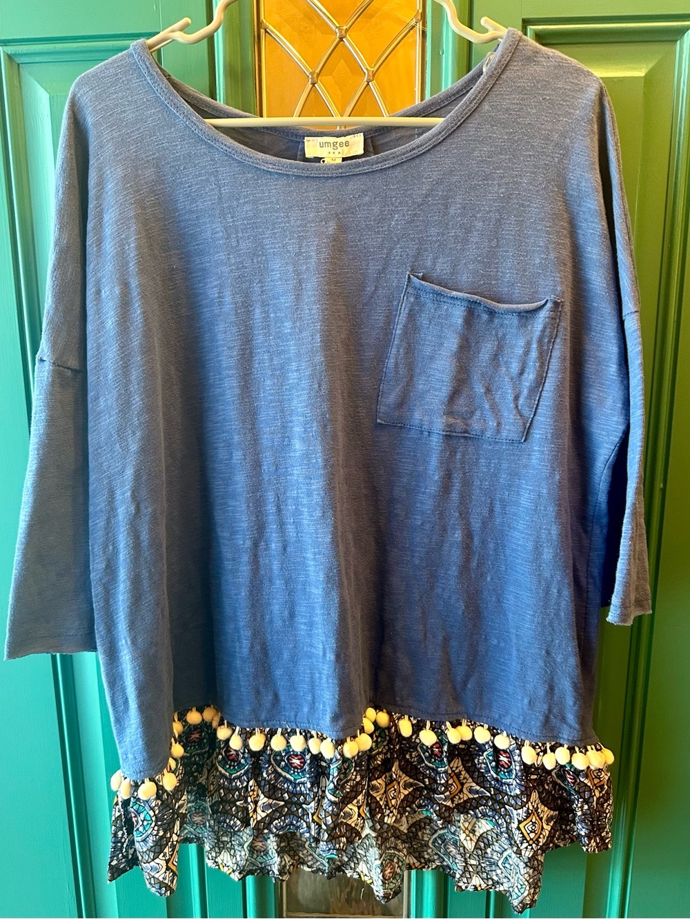 Umgee Pom Pom Trim Mixed Print Ruffle Hem Pocket Tunic Top Blouse Blue Size M